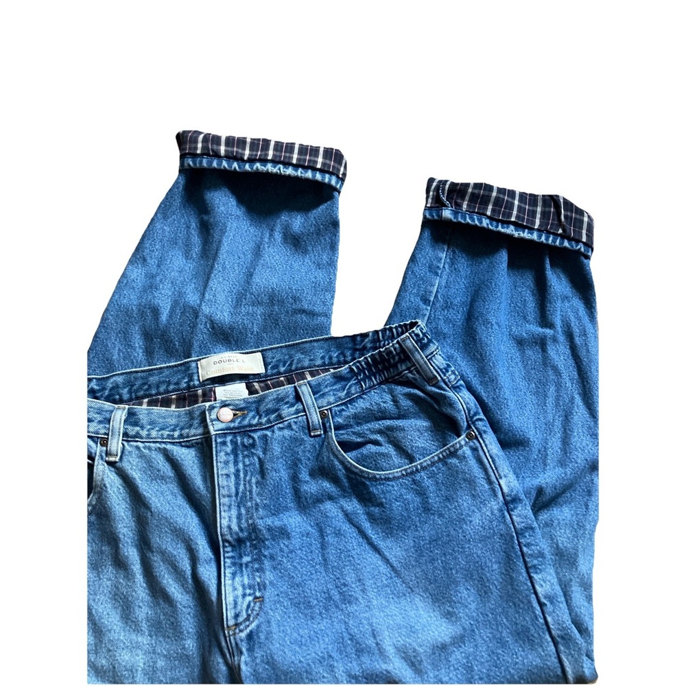 LL Bean Jeans Mens 40x29 Blue Double L Comfort Waist Flannel Lined Plaid Denim